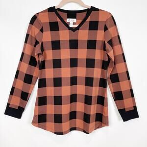 Denim & Co Womens Tunic Top XXS Brown Black Orange Buffalo Plaid V-Neck LS NWOT